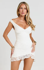 Judai Mini Dress - Lace Off Shoulder A Line Dress in White