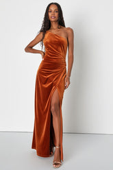 Elegant Era Rust Orange Velvet One-Shoulder Maxi Dress