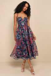 Cherished Aura Navy Blue Floral Organza Bustier Midi Dress