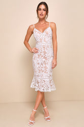 Alluring Love White and Beige Lace Trumpet Hem Midi Dress