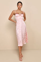 Ethereal Muse Light Pink Satin Jacquard Embroidered Midi Dress