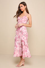 Dreamy Personality Pink Floral Ruffled Sleeveless Midi Dress