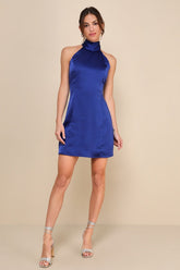 Infinite Admiration Royal Blue Satin Halter Mini Dress