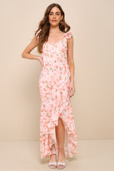 Darling Glow Peach Pink Floral Ruffled High-Low Maxi Dress