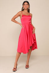 Days Like Today Magenta Satin Asymmetrical Tie-Back Midi Dress