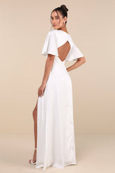 Elegant Confidence White Satin Flutter Sleeve Cutout Maxi Dress