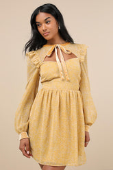 Posh Impression Yellow Floral Print Tie Neck Mini Dress