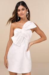 Utterly Pretty White Bow One-Shoulder Mini Dress with Pockets