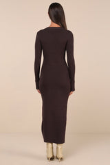 Refined Attitude Brown Ribbed Side Button Midi Sweater Dress