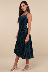 Considered Glamour Dark Teal Crushed Velvet Buster Midi Dress