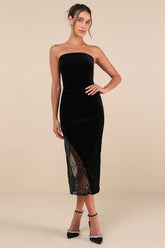 Feeling So Luxe Black Velvet Mesh Sequin Strapless Midi Dress
