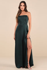 Extraordinary Presence Dark Green Satin Strapless Maxi Dress