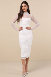 Impressive Flirt White Mesh Ruched Mock Neck Midi Dress