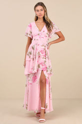 Midnight Mood Pink Floral Print Tiered Maxi Dress