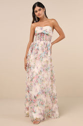 Stunning Element Cream Floral Mesh Ruffled Strapless Maxi Dress