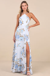 Romantic Marvel Light Blue Floral Print Halter Neck Maxi Dress