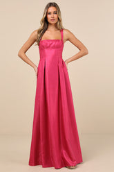 Immaculate Aura Shiny Magenta Taffeta Maxi Dress With Pockets