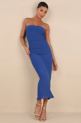 Late Night Crush Royal Blue Mesh Ruched Strapless Midi Dress