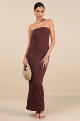 Koko Brown Ribbed Knit Strapless Maxi Dress