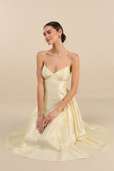 Paride Shiny Light Yellow Gathered Lace-Up Midi Dress