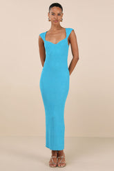 Chiara Turquoise Ribbed Knit Cap Sleeve Midi Dress