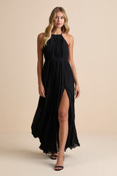 Rylie Black Pleated Backless Maxi Dress