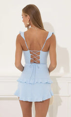 Techno Crepe Ruffle Corset Dress In Blue