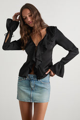 Tanisha Black Satin Ruffled Tie-Front Long Sleeve Top
