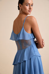 Dalena Dusty Blue Ruffled Lace Maxi Dress