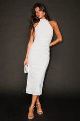 Audra White Mesh Mock Neck Bodycon Midi Dress