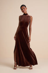 Classic Elegance Brown Velvet Sleeveless Mock Neck Maxi Dress