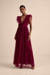 Simply Delighted Burgundy Mesh Ruffled Backless Maxi Dress