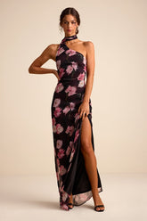 Leighna Plum and Pink Floral One-Shoulder Scarf Maxi Dress