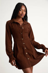 Autumn Mood Dark Brown Corduroy Mini Dress With Pockets