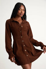 Autumn Mood Dark Brown Corduroy Mini Dress With Pockets