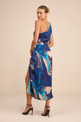 Rhema Blue Multi Abstract Print Satin Midi Dress