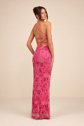 Arella Hot Pink Beaded Sequin Laxe-Up Maxi Dress