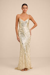 Sparkle 'til Dawn Gold Sequin Lace-Up Mermaid Maxi Dress