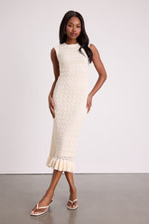 Nusa Cream Crochet Ruffled Column Midi Dress
