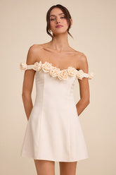 Gracen Ivory Rosette Off-the-Shoulder Skater Mini Dress