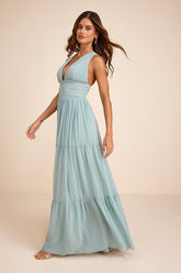 Leora Light Blue Pleated Tiered Maxi Dress