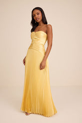 Elkay Yellow Pleated Satin Drop Waist Maxi Dress