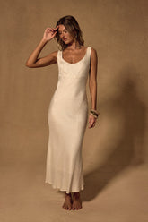 Catia Light Beige Linen Scoop Neck Midi Dress