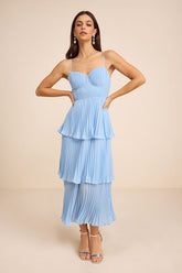 Cascading Crush Light Blue Tiered Bustier Midi Dress