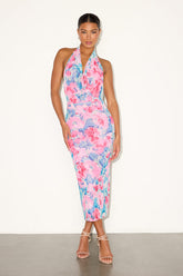 Venus Teal and Pink Floral Mesh Backless Midi Dress