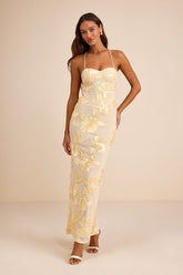 Nantessa Light Yellow Floral Applique Lace-Up Maxi Dress