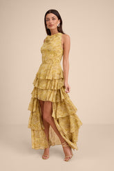 Cayson Yellow Paisley Tiered High-Low Maxi Dress