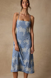 Destin Light Blue Embroidered Lace-Up Midi Dress