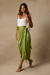 Take A Walk With Me Green Satin Wrap Midi Skirt