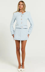 Olympia Jacket - Boucle Scoop Neck Button Down Long Sleeve Jacket with Gold Hardware Detail in Pale Blue